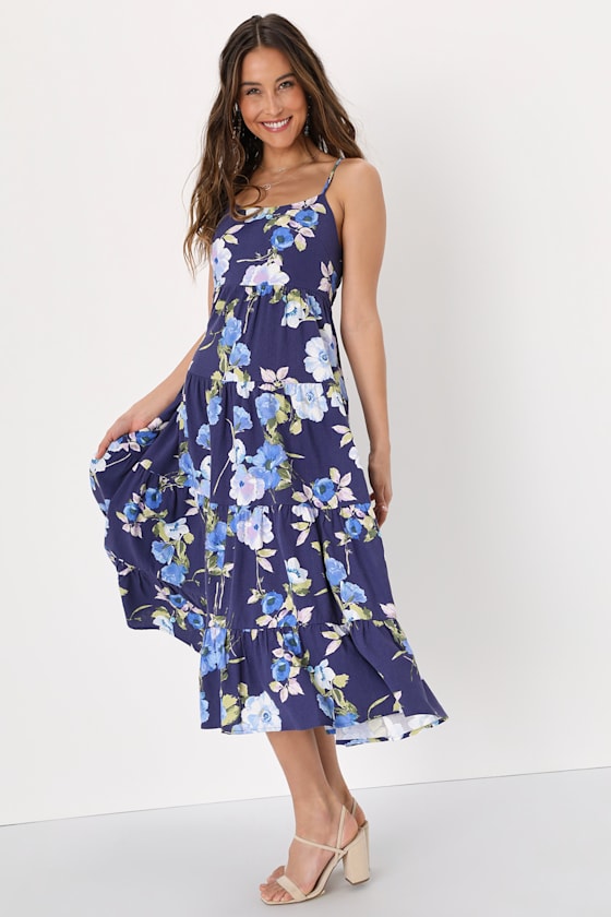 Mykonos Mood Navy Blue Floral Print Tie-Strap Tiered Midi Dress