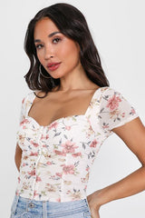 Sweeter Vibes Ivory Floral Mesh Short Sleeve Bustier Crop Top