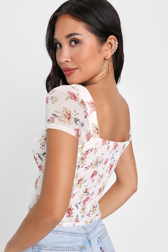 Sweeter Vibes Ivory Floral Mesh Short Sleeve Bustier Crop Top