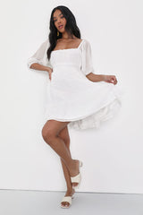 Ethereal Arrival White Puff Sleeve Tie-Back Chiffon Mini Dress