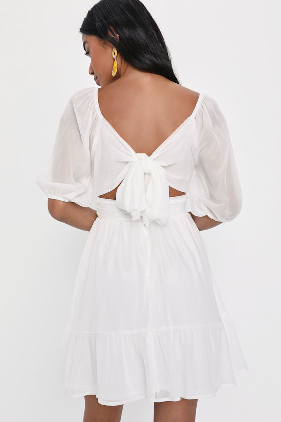 Ethereal Arrival White Puff Sleeve Tie-Back Chiffon Mini Dress