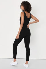 Chic Leisure Black Ribbed Knit Sleeveless Notched Jumpsuit