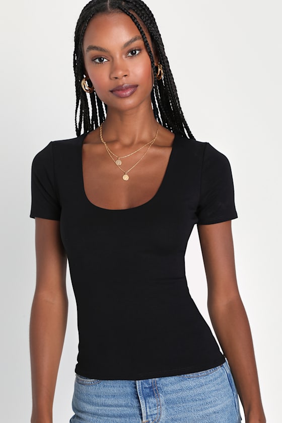 Basically Effortless Black Short Sleeve Scoop Neck Top