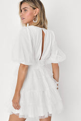 Dramatic Poise White Dot Tulle Puff Sleeve Tiered Mini Dress