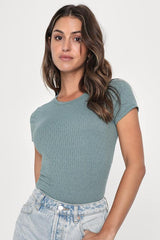 Essential Trend Sage Blue Pointelle Knit Short Sleeve Top
