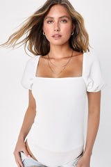 Abundance of Love White Textured Puff Sleeve Tie-Back Bodysuit