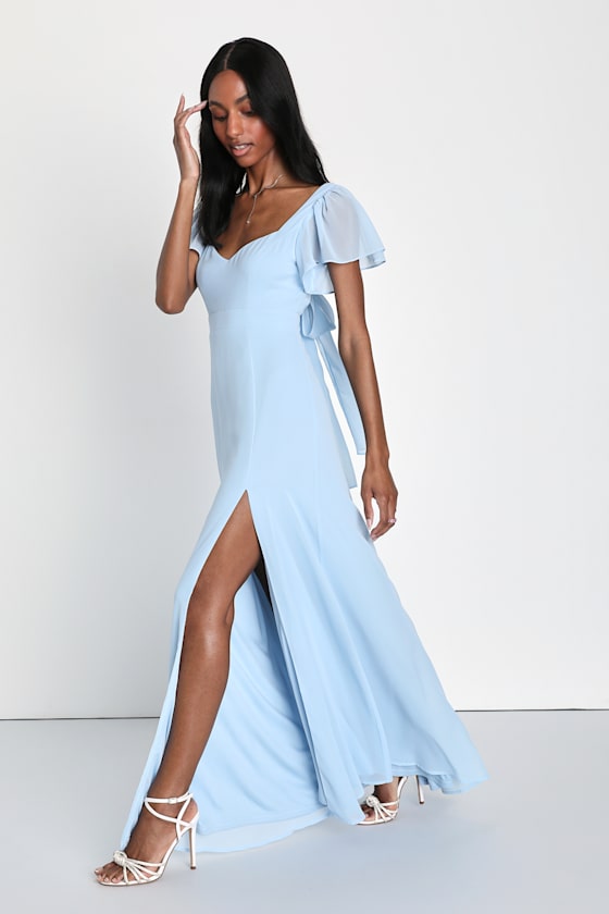 Simply Delightful Light Blue Tie-Back Flutter Sleeve Maxi Dress