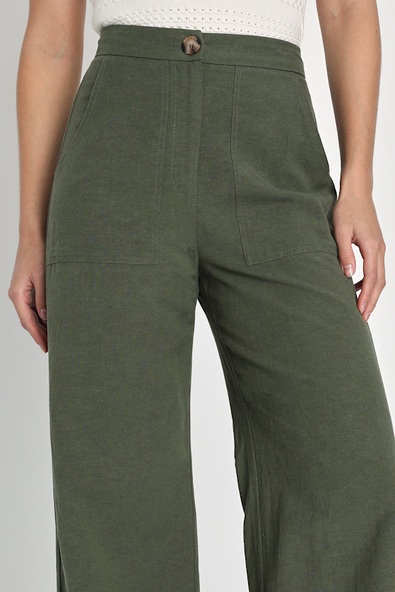 Jet Stream Olive Green High-Waisted Wide-Leg Pants