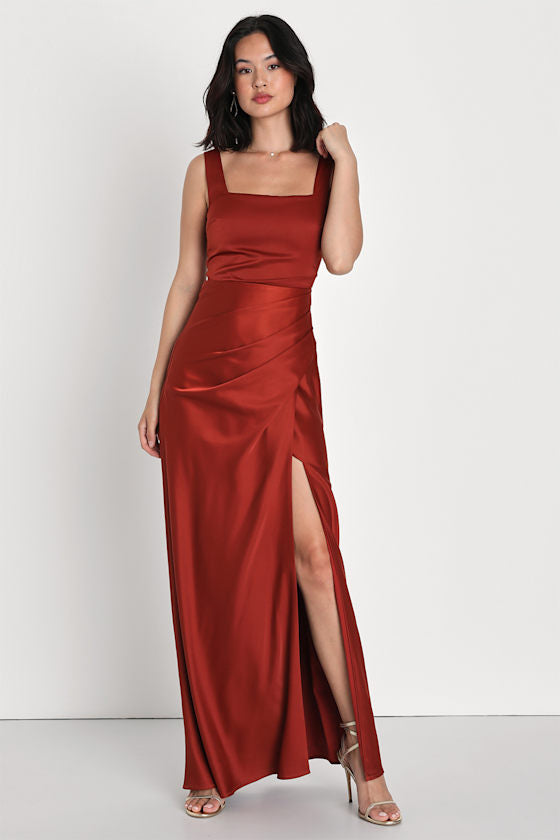 Red Carpet Romance Rust Orange Satin Square Neck Maxi Dress