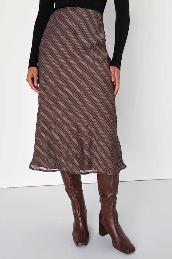 Trendy Era Brown Plaid Chiffon Midi Skirt
