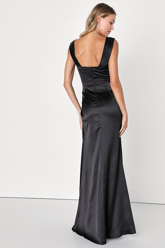 Stunning Arrival Black Satin Off-The-Shoulder Maxi Dress