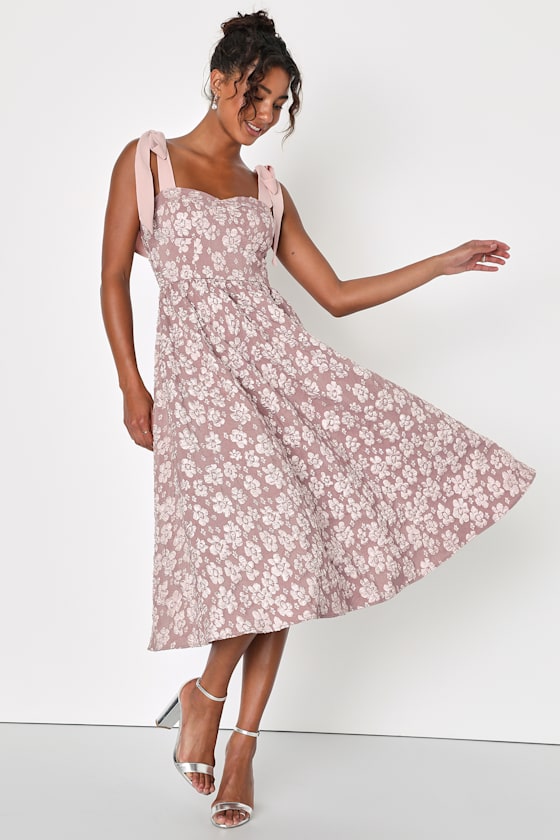 Bubbly Bliss Mauve Pink Jacquard Bustier Tie-Strap Midi Dress