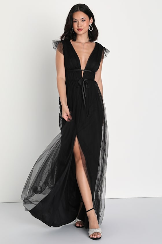 I'm All Yours Black Tulle Ruffled Maxi Dress