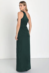 Dreaming of Elegance Emerald Satin One-Shoulder Maxi Dress