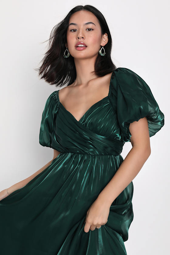 Remarkable Sensation Emerald Green Puff Sleeve Tiered Midi Dress