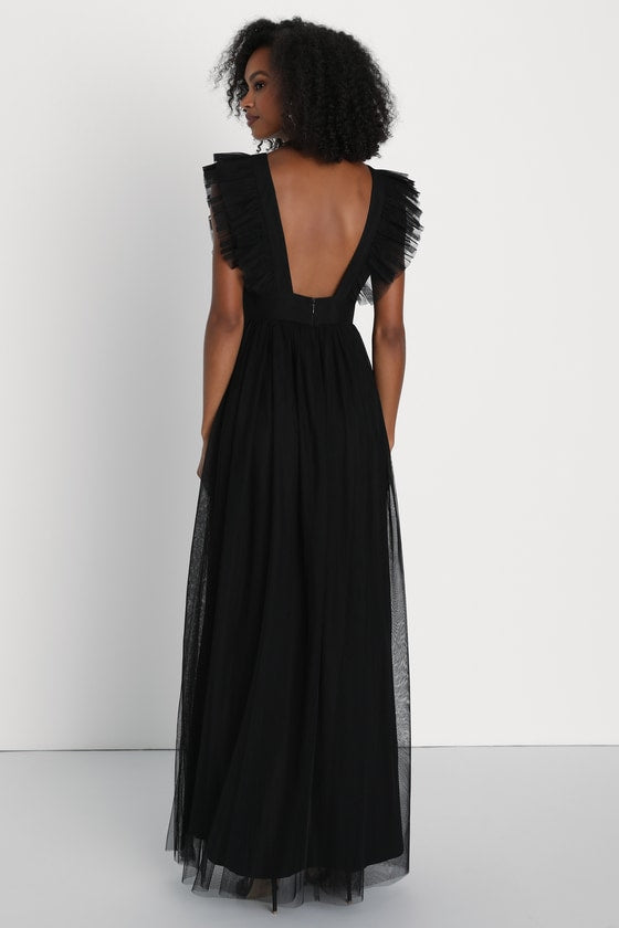 Simply Delighted Black Mesh Ruffled Backless Maxi Dress