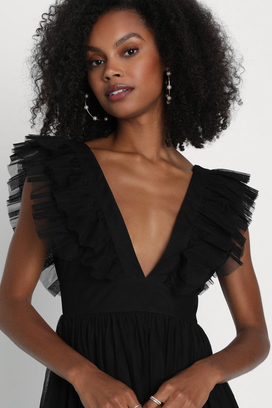 Simply Delighted Black Mesh Ruffled Backless Maxi Dress