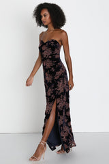 Exquisite Navy Blue Floral Burnout Velvet Strapless Maxi Dress