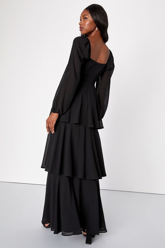 Tier to Enchant Black Long Sleeve Tiered Maxi Dress
