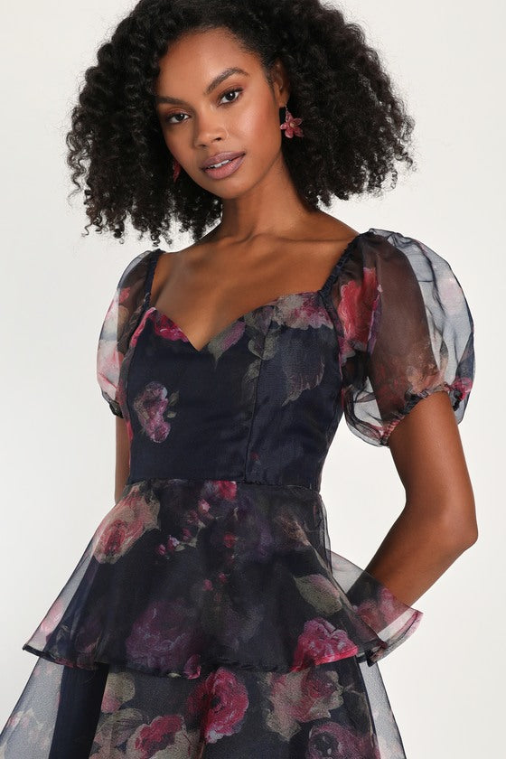 Oh-So Stunning Navy Blue Floral Organza Tiered Midi Dress