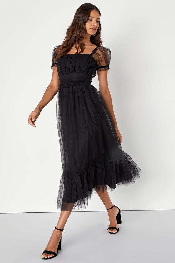 Flawless Aura Black Tulle Puff Sleeve Ruffled Midi Dress