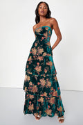 Real Allure Emerald Floral Burnout Velvet Strapless Maxi Dress