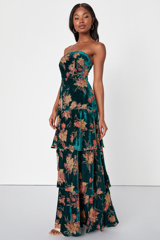 Real Allure Emerald Floral Burnout Velvet Strapless Maxi Dress