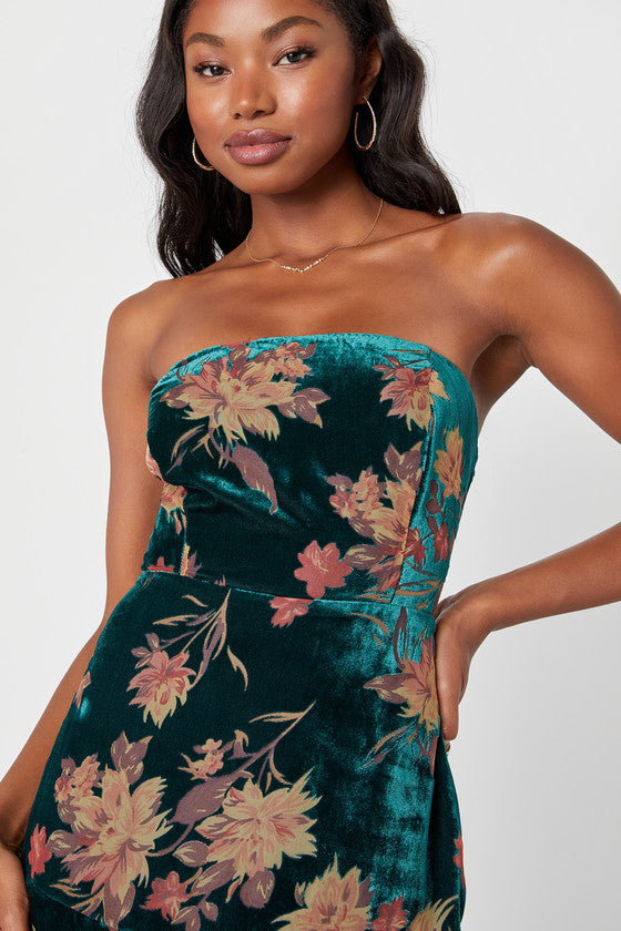 Real Allure Emerald Floral Burnout Velvet Strapless Maxi Dress