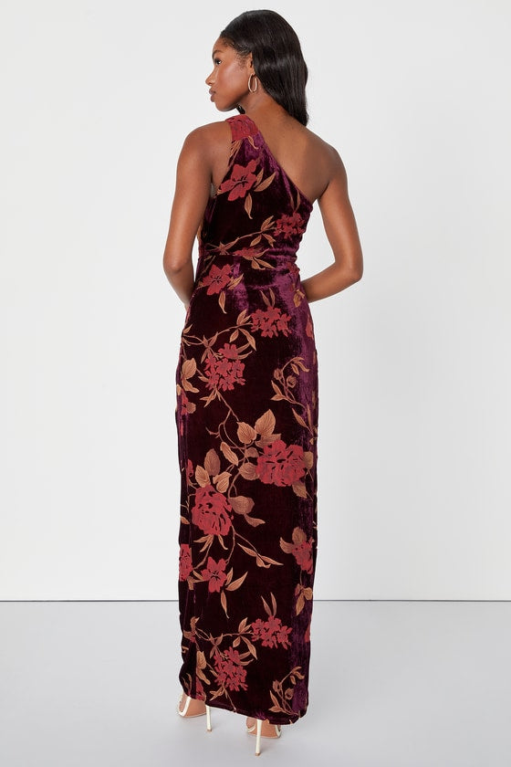 Unreal Awe Burgundy Floral Burnout Velvet One-Shoulder Dress