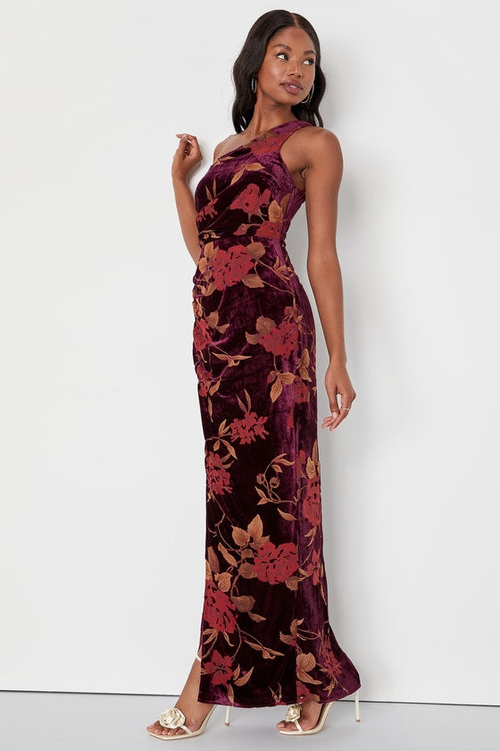 Unreal Awe Burgundy Floral Burnout Velvet One-Shoulder Dress
