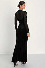 Alluring Fixation Black Velvet Mesh Long Sleeve Maxi Dress