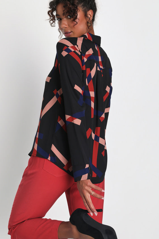 Camrose Black Geometric Print Button-Up Long Sleeve Top