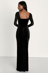 Certifiably Chic Black Velvet Mesh Long Sleeve Maxi Dress