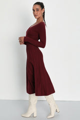 Cozy Inspiration Burgundy Ribbed Skater Midi Sweater Dress