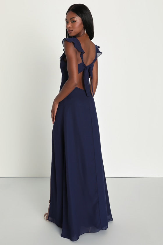Sweetest Entrance Navy Blue Ruffled Tie-Back Maxi Dress