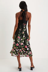 Blossoming Energy Black Floral Embroidered Halter Midi Dress
