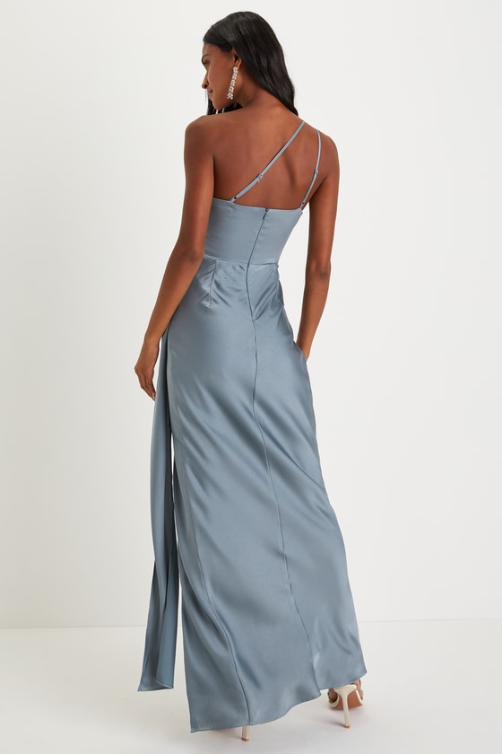Signature Elegance Slate Blue Satin One-Shoulder Maxi Dress