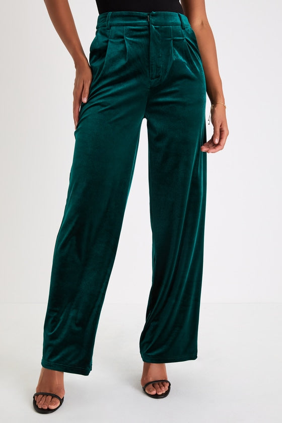 Posh Idea Emerald Velvet High-Rise Straight Leg Trouser Pants
