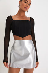 Stylish Invitation Silver Vegan Leather High-Rise Mini Skirt