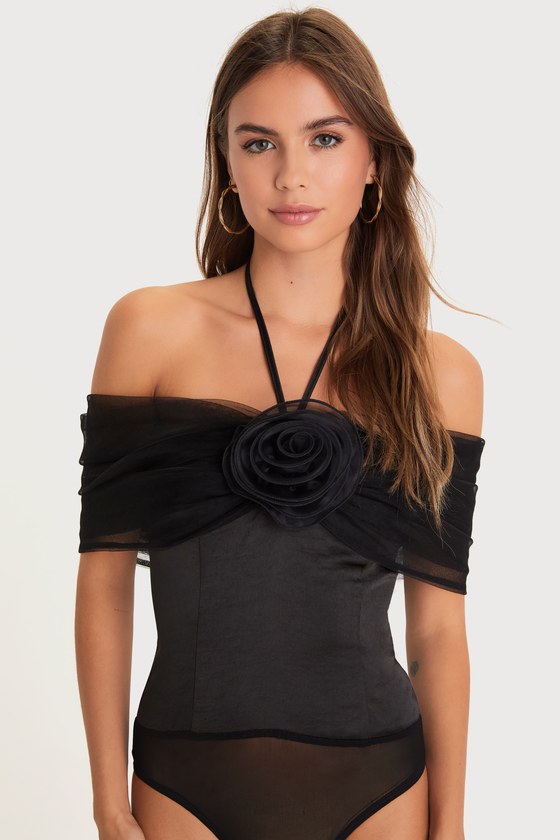 Trendsetting Moment Black Mesh Rosette Off-the-Shoulder Bodysuit