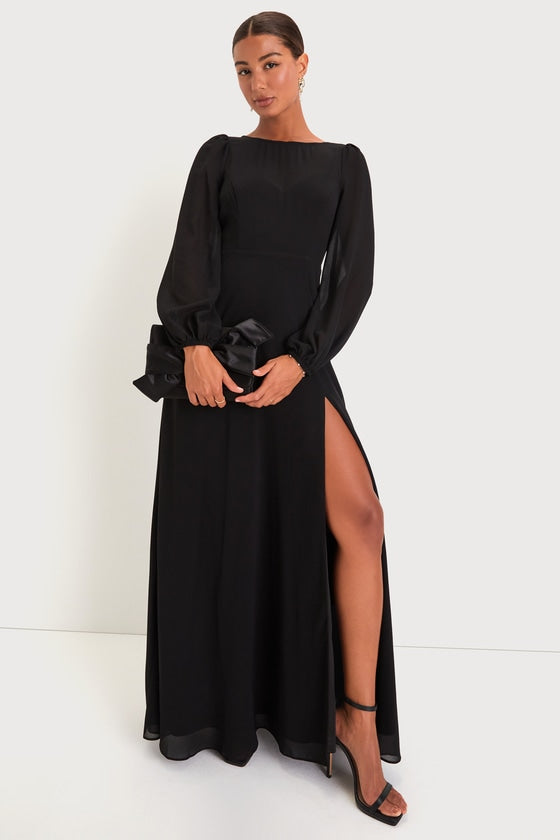 Prestigious Poise Black Backless Balloon Sleeve Maxi Dress