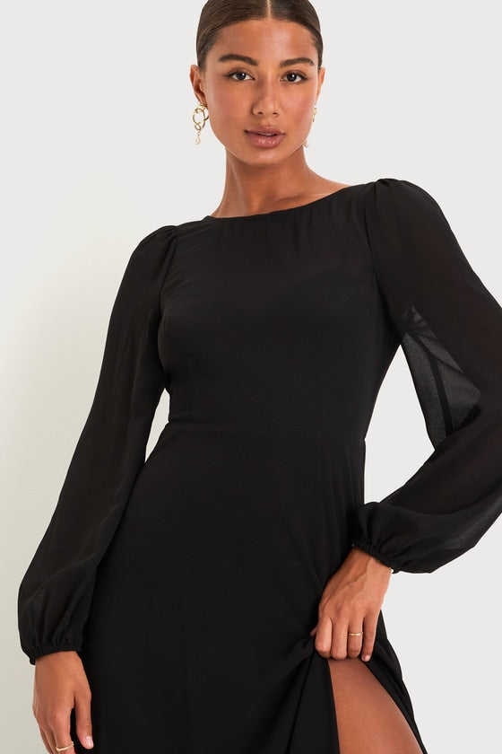 Prestigious Poise Black Backless Balloon Sleeve Maxi Dress