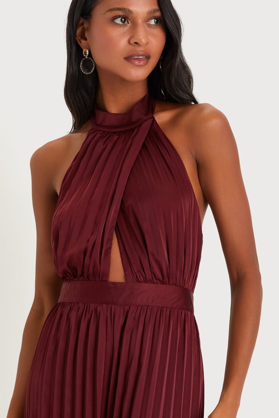 Confident Impression Burgundy Satin Pleated Halter Jumpsuit