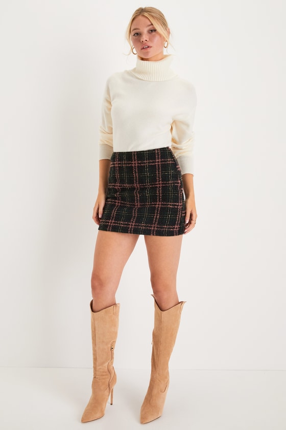 Timelessly Cute Black and Pink Plaid Tweed Mini Skirt