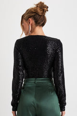 Sparkling Evenings Black Sequin V-Neck Long Sleeve Bodysuit