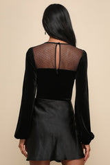 Sweetest Flirt Black Velvet Mesh Swiss Dot Long Sleeve Bodysuit