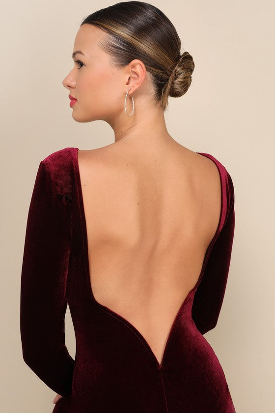 Va Va Voom Burgundy Velvet Backless Long Sleeve Midi Dress