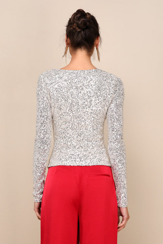 Unique Vibe Beige Sequin Asymmetrical Long Sleeve Top