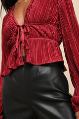 Luxe Designs Wine Red Plisse Satin Long Sleeve Tie-Front Top