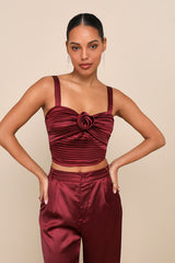 Flawless Behavior Burgundy Satin Pleated Rosette Tank Top